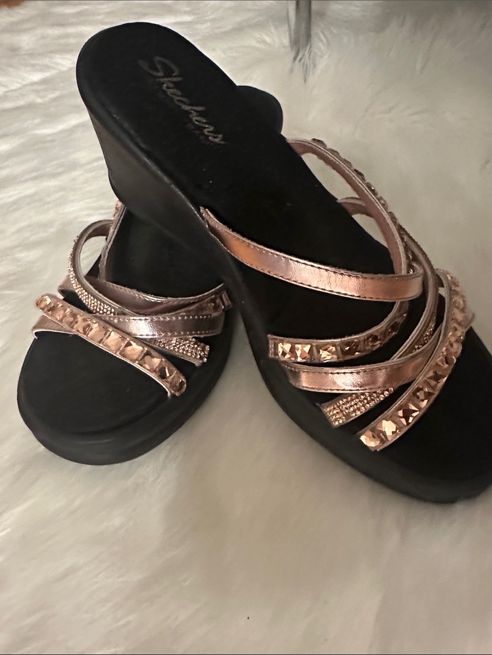 Skechers Metallic Rose Gold Studded Wedge Sandals
